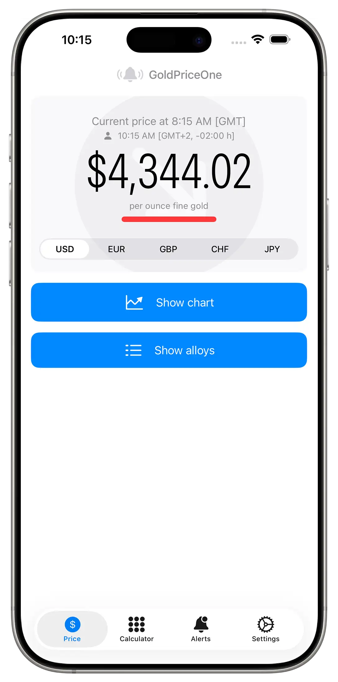 main screen goldpriceonemobile shows current price and alloys
